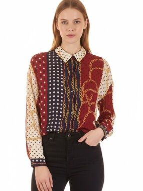 Mixed Print Button-Down Blouse in Burgundy, Navy & White